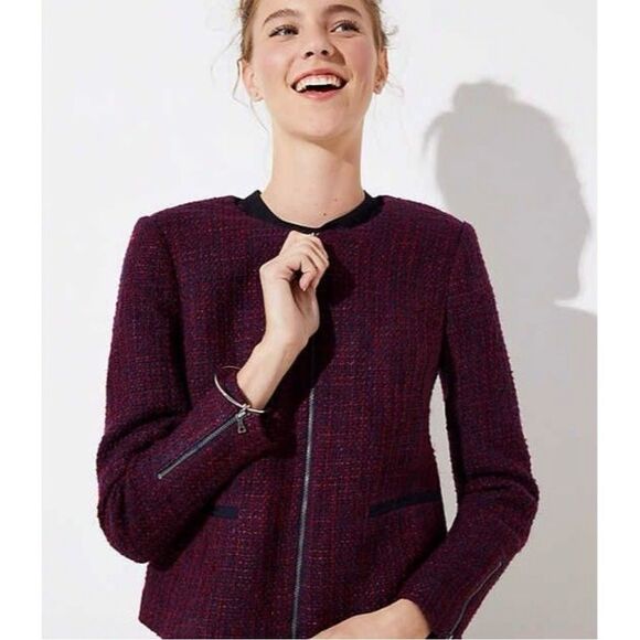 LOFT Wool Blend Boucle Tweed Zip Blazer Jacket in Plum - Picture 2 of 10